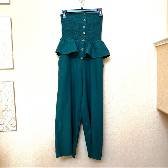 Urban Outfitters Green Strapless Ruffle Linen Jumpsuit A-22 - Picture 3 of 13